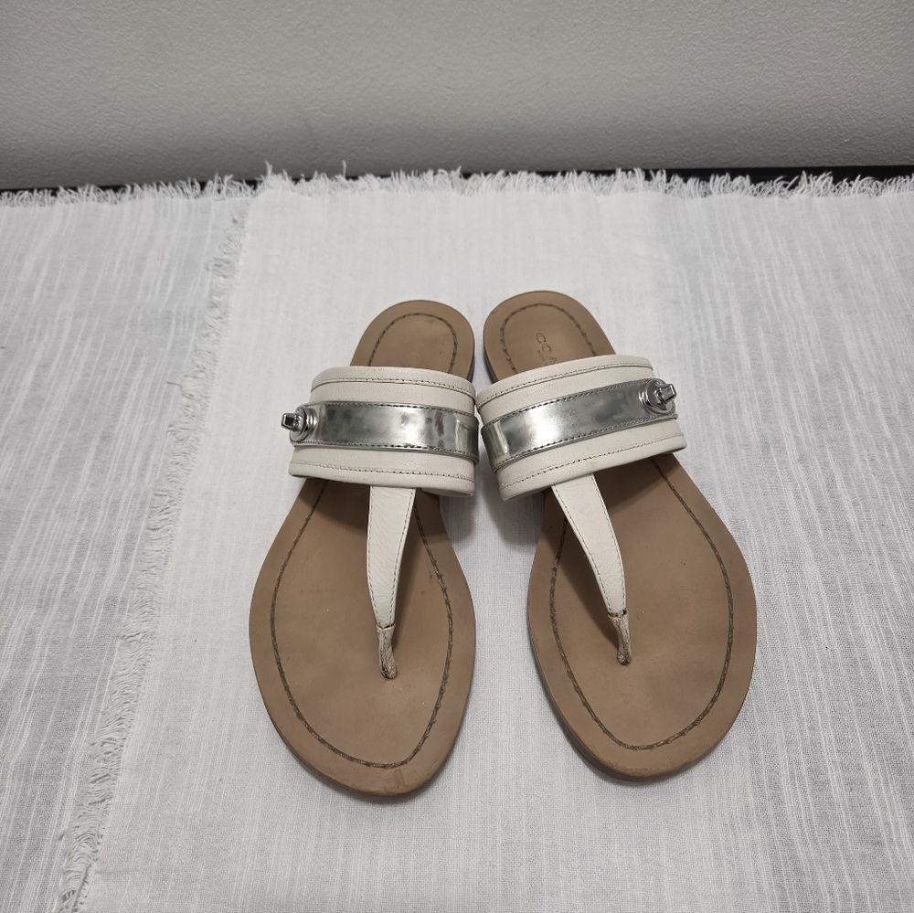 COACH  Women's Eileen Turn lock Slide Sandals Flip Flops Chalk/Silver 7.5